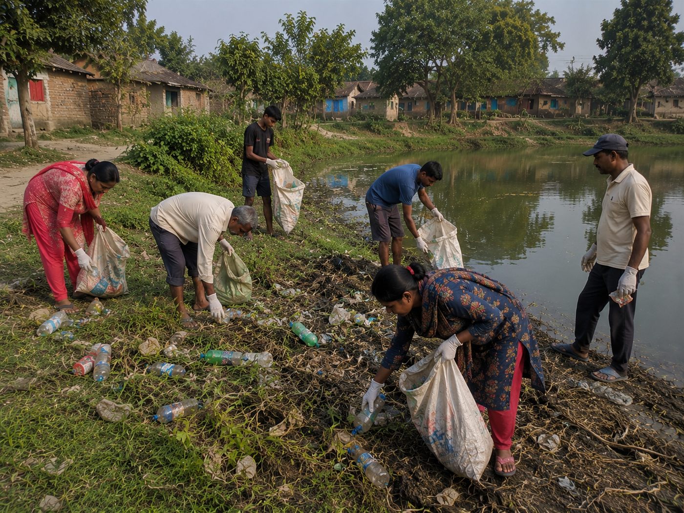 Volunteers cleaning a pond-side area